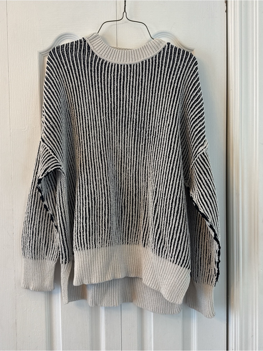 Natural Reflections Black and Ivory Striped Crewneck Sweater